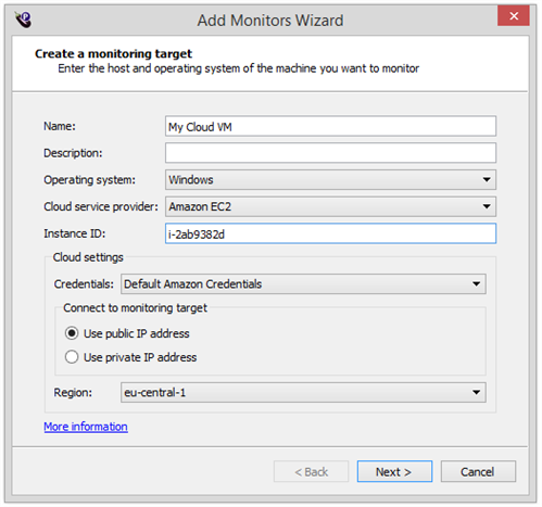 Monitoring target cloud setup in Eggplant Performance