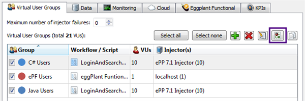 Select VU groups to edit in Eggplant Performance Studio