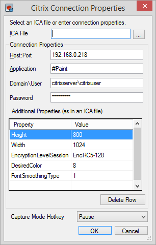Citrix Connection Properties dialog box window in Eggplant Performance