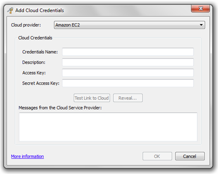 Add Cloud Credentials dialog in Eggplant Performance