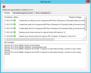 The Starting test dialog box displays messages about test initialization in Eggplant Performance Test Controller