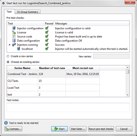 The Start test run dialog box in Eggplant Performance Test Controller