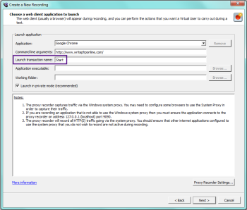 The Choose a web client application pane showing the Start Transaction name set to Start