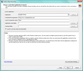 Choose a web client application to launch panel in the Creating a New Recording wizard