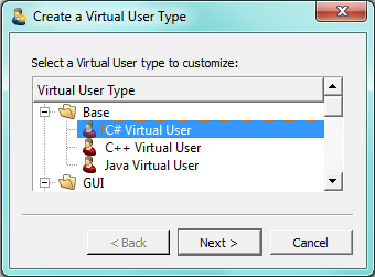 Select virtual user type in eggPlant Performance Studio
