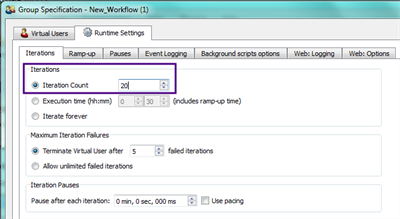 Iterations tab in the Group Specification dialog box for a test