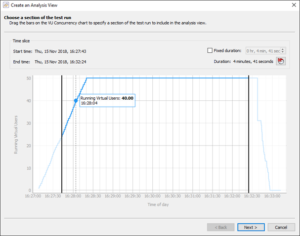 Eggplant Peformance Analyzer Create an Analysis View wizard selecting time slice (Click image to view larger)