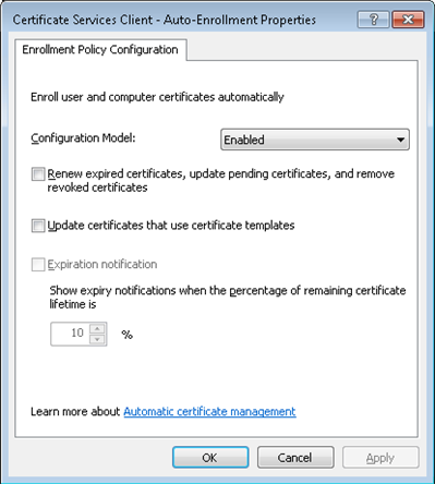 Auto-enrollment properties dialog window