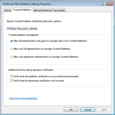 Certificate Path Validation Settings Properties window