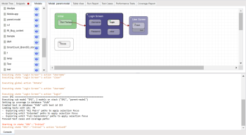 Eggplant DAI console text describes actions in the submodel while the model in the workspace shows the highlighted action that called the submodel