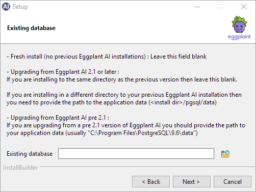 Setup dialog box for a fresh Eggplant AI installation