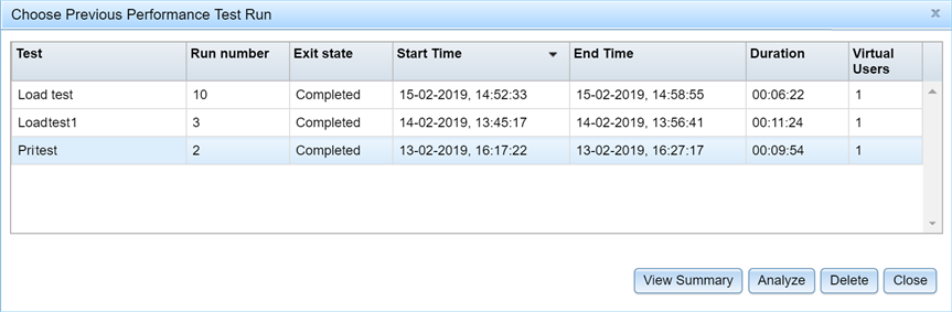 Select to run the previous performance tests