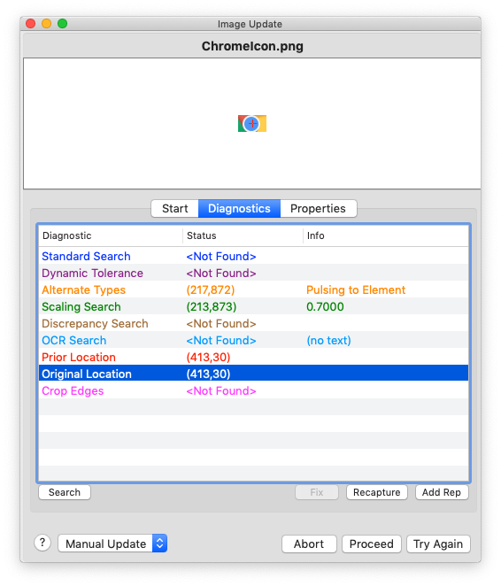 Diagnostics tab in Image Update window, Original Location selected