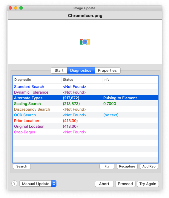 Diagnostics tab, with Pulsing Search selected