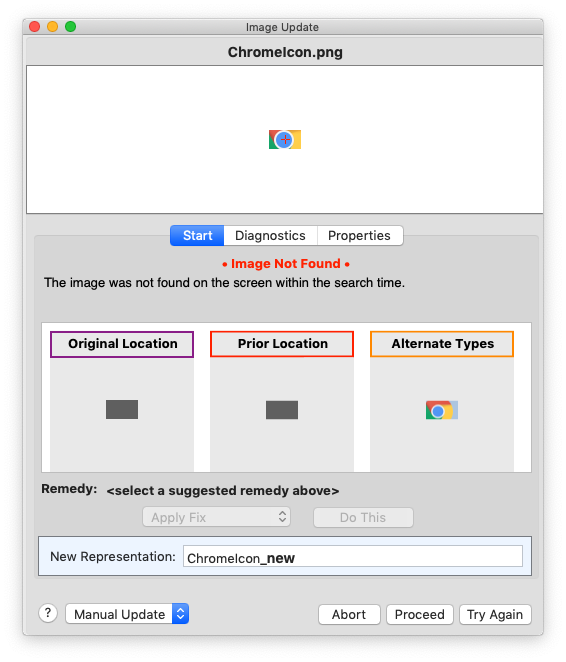 Image Update panel, Start tab