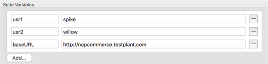 The Suite Variables section in Eggplant Functional with defined variables displayed