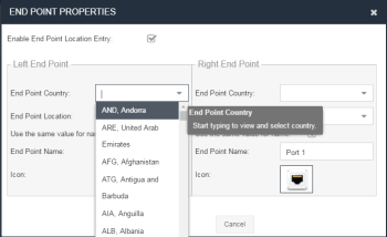 End point properties menu, country drop-down menu enabled