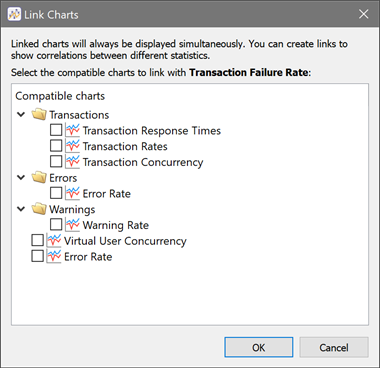 The Link Charts dialog box lets you link charts to view simultaneously in Eggplant Performance Analyzer