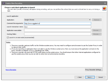 Choose a web client application in the Create a New Recording wizard in Eggplant Performance