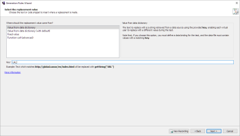 Select the replacment value page for a Replace Value rule in the Rules Generation Wizard