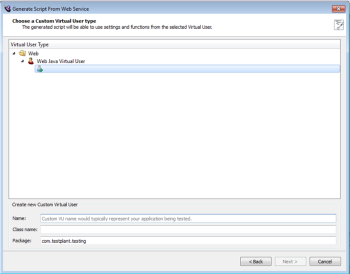 Choose a Custom Virtual User Type panel in the Generate Script from Web Service wizard in [General.EpP%] [General.Studio%]