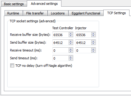 The TCP Settings tab of Advanced settings for the Create an Injector Family wizard in Eggplant Performance Studio