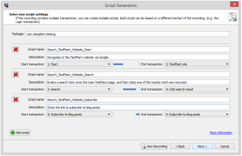 You can generate scripts based on transactions if you're creating scripts from web recordings