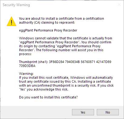 Proxy recorder install certificate dialog box