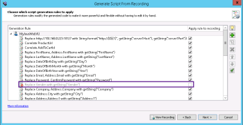 Apply rule to recording options on the Choose which script generation rules to apply panel  in the Script Generation Wizard