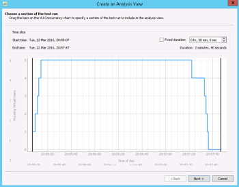 The Choose a section of the test to run panel in the Create an analysis view wizard