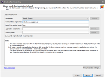 Choose a web client application to launch panel in the Creating a New Recording wizard