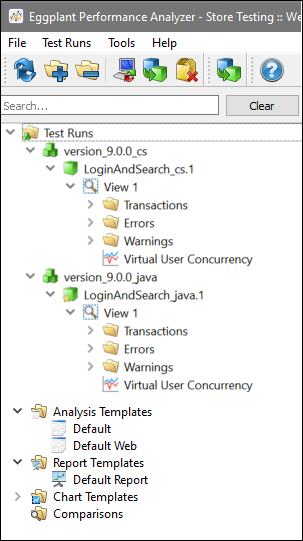 The Eggplant Performance Analyzer project tree shows imported tests runs by series