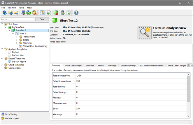 View summary information for a test run in Eggplant Performance Analyzer