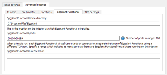 The Eggplant Functionall tab of Advanced settings for the Create an Injector Family wizard in Eggplant Performance Studio