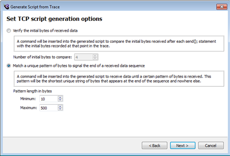 Set TCP Script Generation options panel in the Generate Script from Trace panel inEggplant Performance Studio