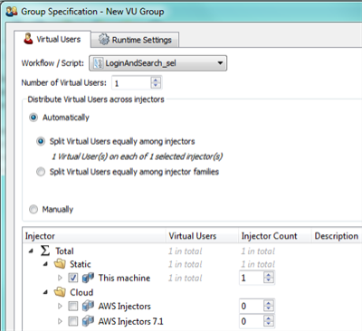 Virtual User Group specification tab in Eggplant Performance