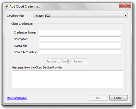 Add Cloud Credentials dialog in Eggplant Performance