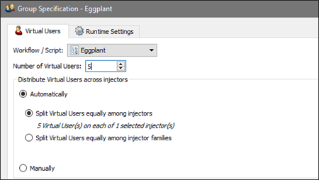 Virtual Users tab on the Group Specification dialog box