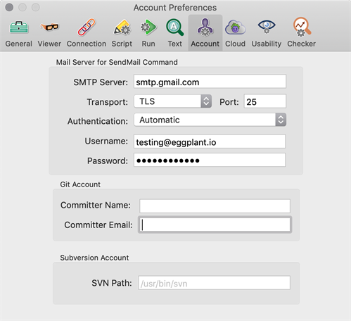 The Eggplant Functional Account Preferences panel 