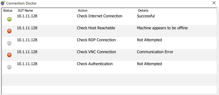 The Connection Doctor shows results of status checks for connection attempts