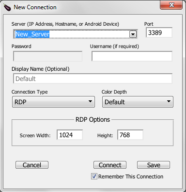 The New Connection dialog box for creating an RDP SUT connection in Eggplant Functional