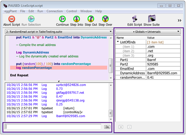 The eggPlant Functional Run window includes the Ad Hoc Do Box (AHDB) and Variable Watcher for script debugging.
