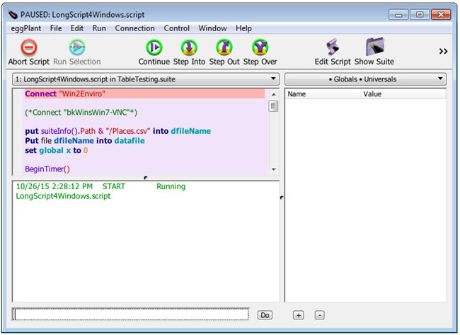 Eggplant Functional Run window showing a script in debug mode