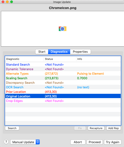 Diagnostics tab in Image Update window, Original Location selected