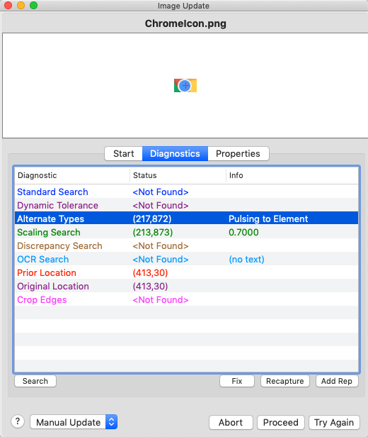 Diagnostics tab, with Pulsing Search selected