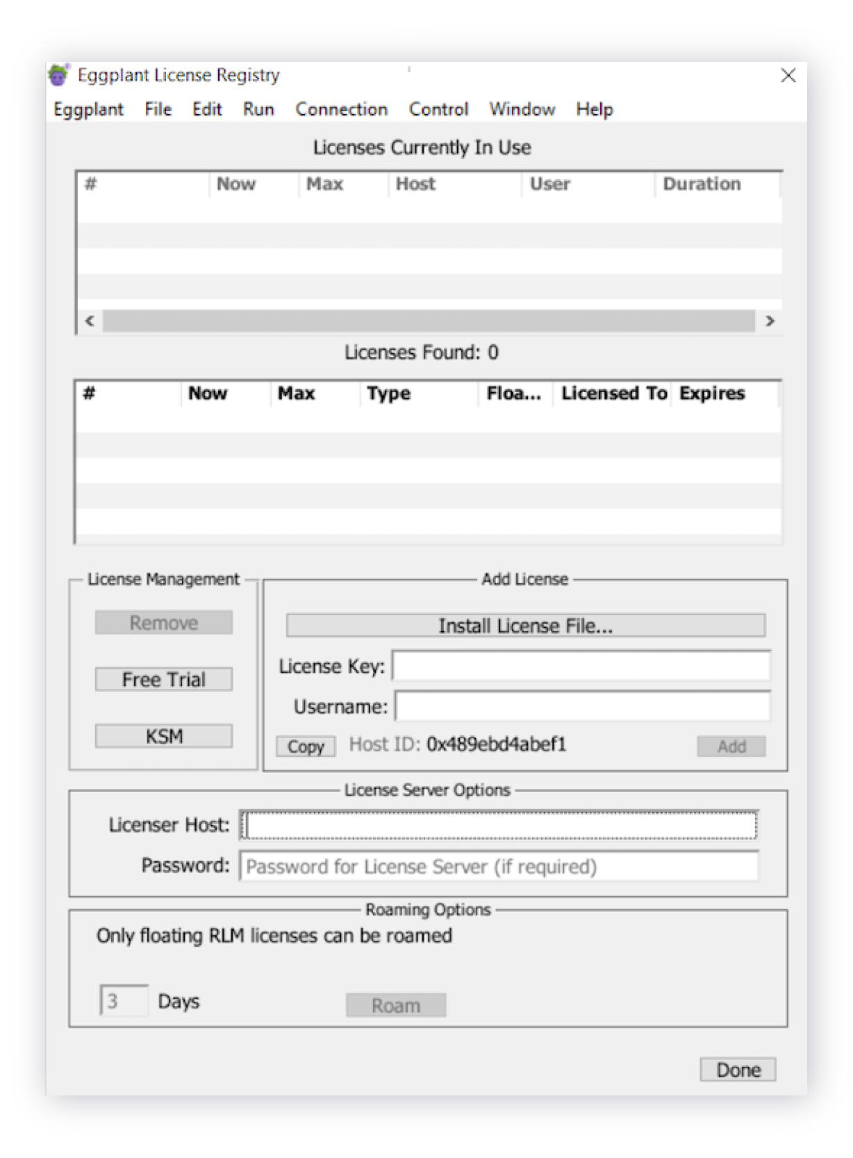 The Eggplant License Registry Panel