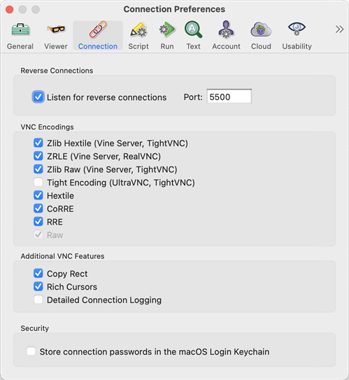 The Connection Preferences tab in Eggplant Functional on Mac