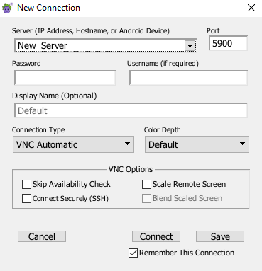 The New Connection dialog box from the Eggplant Functional Connection List