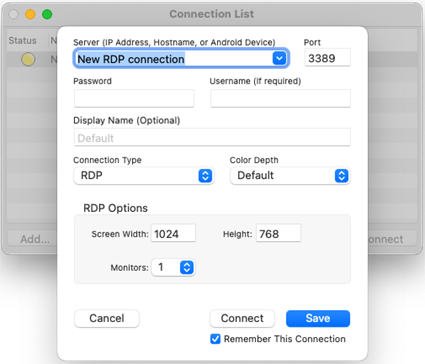 RDP options available when adding a new connection in Eggplant Functional