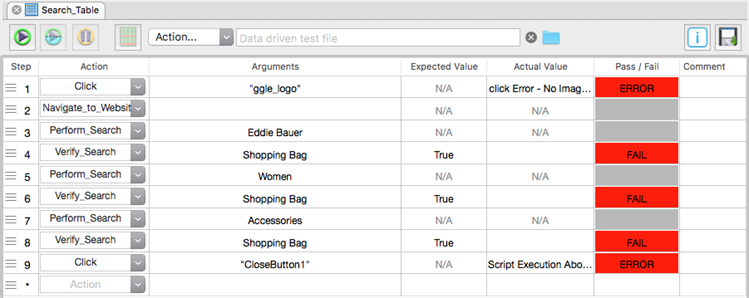 An eggPlant Functional table set up to search and verify a series of search terms.